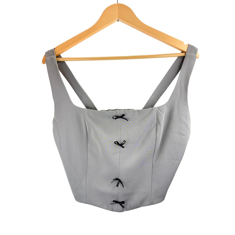 IFE Women's Grey Square Neck Smocked Back Bow Tie Detail Crop Top‎ Sz L Festival